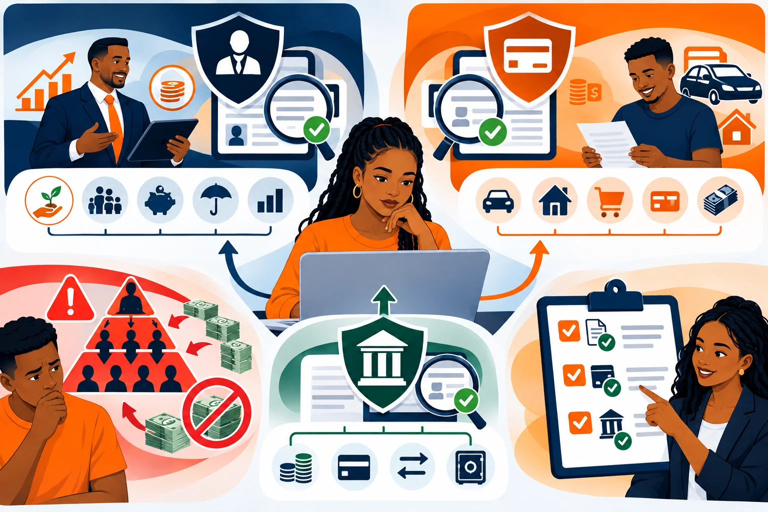 Illustration showing verification of financial advisers, credit providers and registered banks, with a warning about pyramid schemes