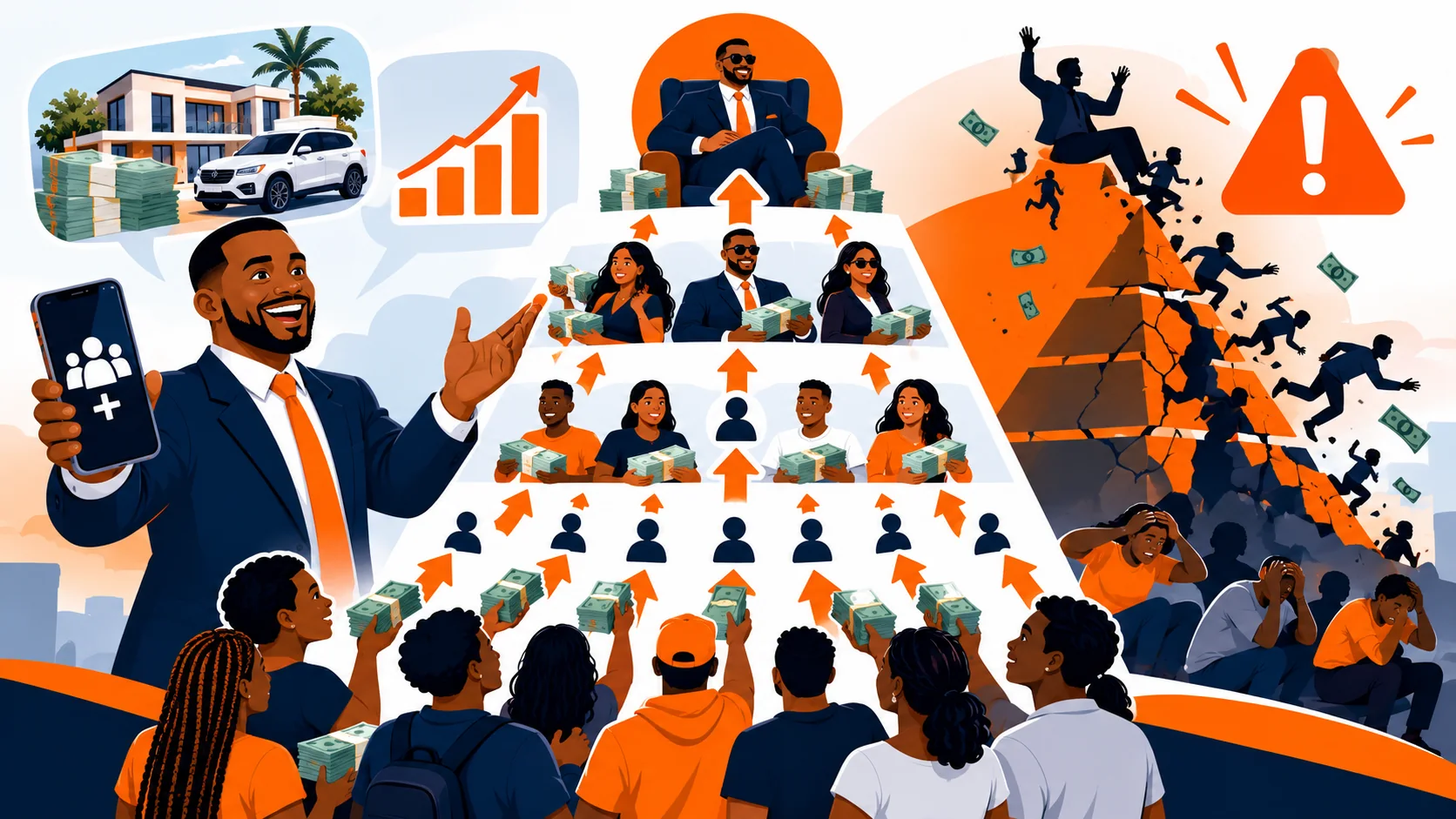 Illustration of a recruitment-based investment pyramid receiving money before collapsing