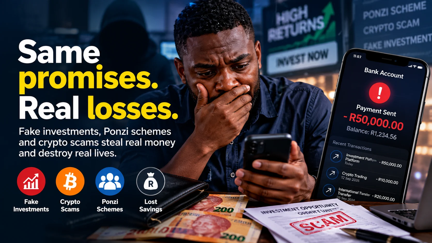 Person reacting to a major financial loss from a fraudulent investment, Ponzi or crypto scheme