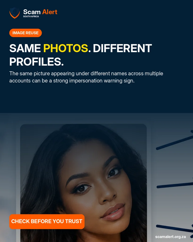 Same photo reused across multiple suspicious social-media profiles